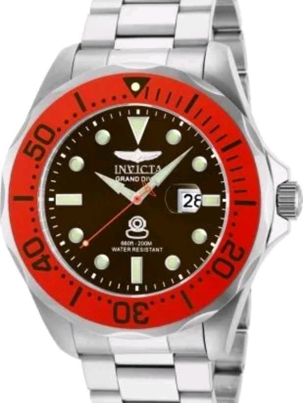 Invicta Men's Silver Stainless Steel Watch with Red Bezel and Black Dial 55mm